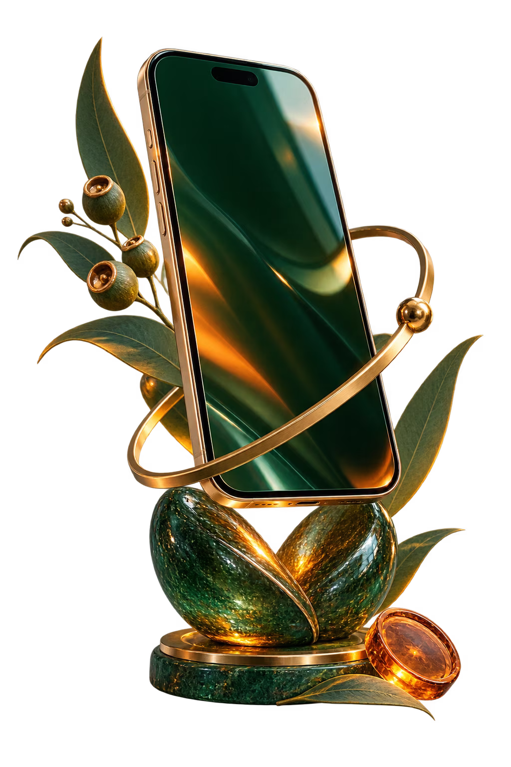 Eucalyptus glass smartphone sculpture with amber light
